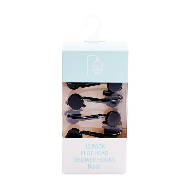 12 PACK FLAT HEAD BLACK Shower Hooks 