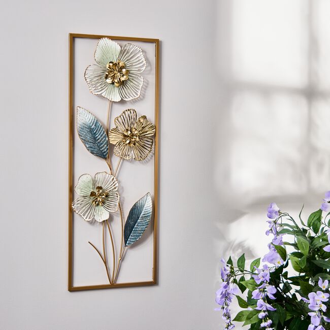 Blue & Gold Flower Metal Wall Art 28.6cm x 74.3cm