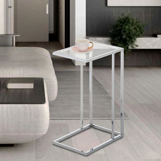 Chrome C-Shaped Side Table With Clear Glass Top