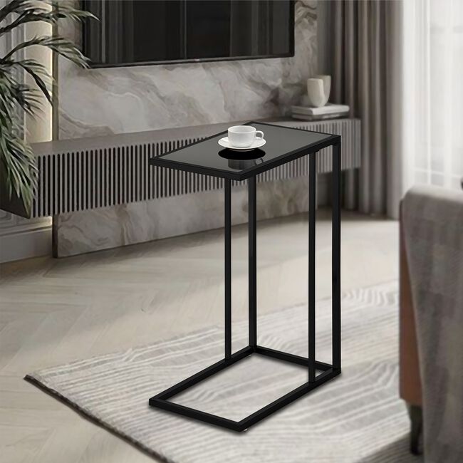 Black C-Shaped Side Table With Black Glass Top