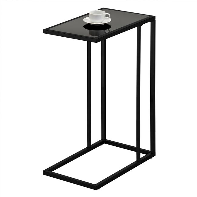 Black C-Shaped Side Table With Black Glass Top